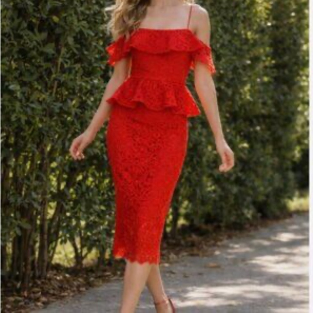 Marchesa Scarlet Red Lace Midi Dress Size 2 NWT